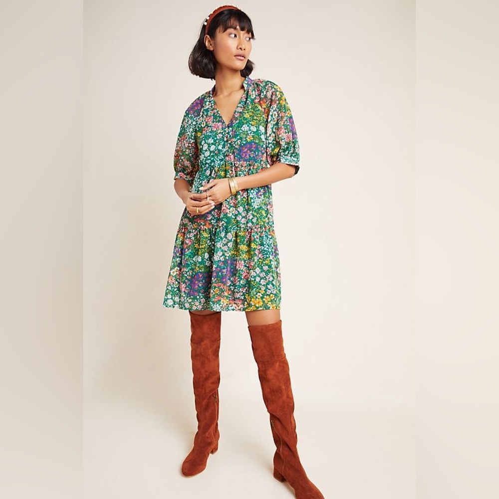 Anthropologie Green Floral Tunic Dress with Multicolor Blooms